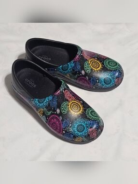 CROCS Black Slip-On Clogs with Multicolor Floral Mandala Print